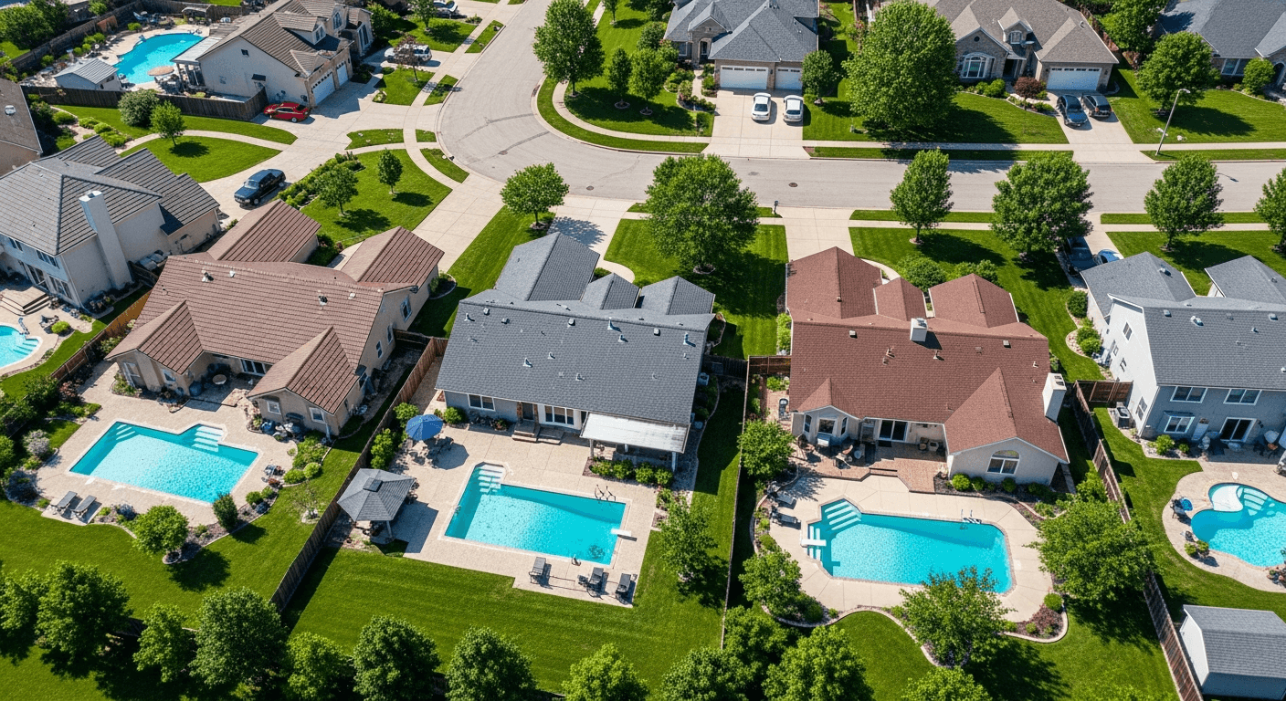 Aerial view of a suburban neighborhood with backyard pools